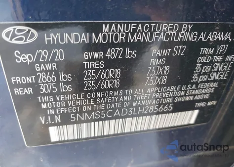 2020 Hyundai Santa Fe Limited from USA, damaged, VIN 5NMS5CAD3LH285665